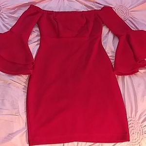 A red off shoulder dress